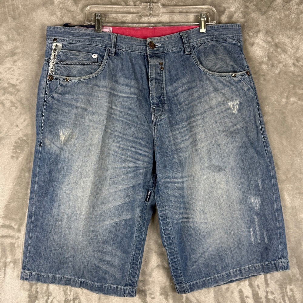 Parish Mens Denim Shorts Blue Wash Distressed Relaxed Fit Size 38